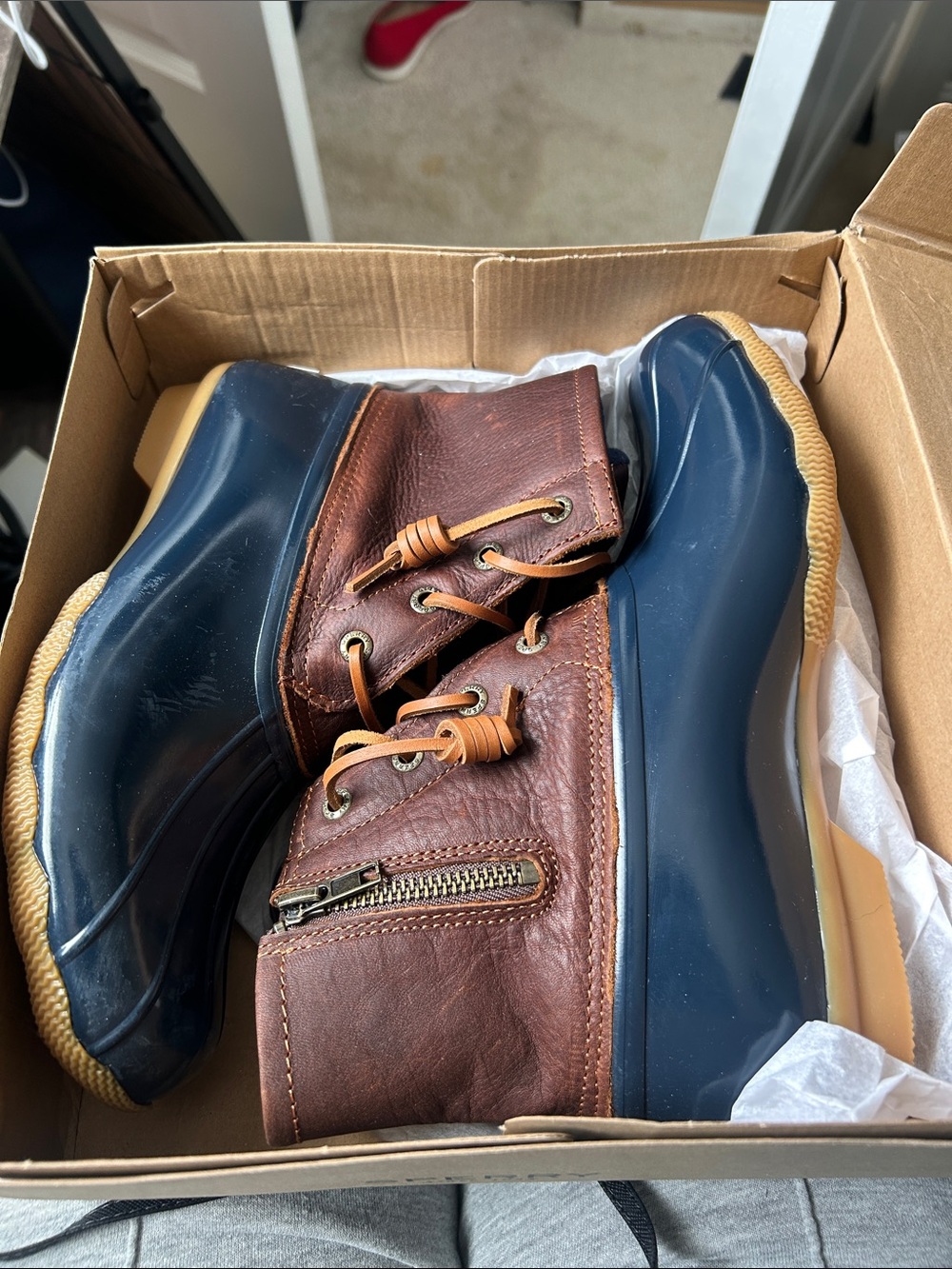 Women’s Brown Leather and Navy Rubber Duck Boots